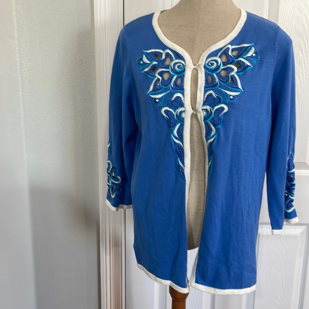 Bob Mackie wearable art cardigan sweater embellished cut out blue women size M